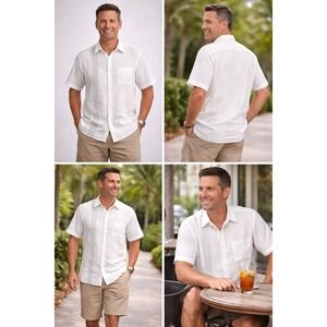 Weekender Button Up Shirt Mens Sz L 100% Linen White Palm Golf Tropical Resort